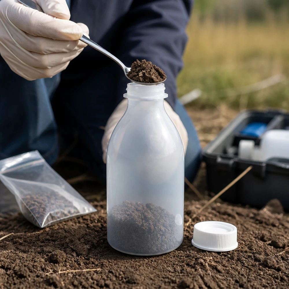 Jordprovet fylls med en sked i en 250 ml plastflaska med smalt hals och skruvlock