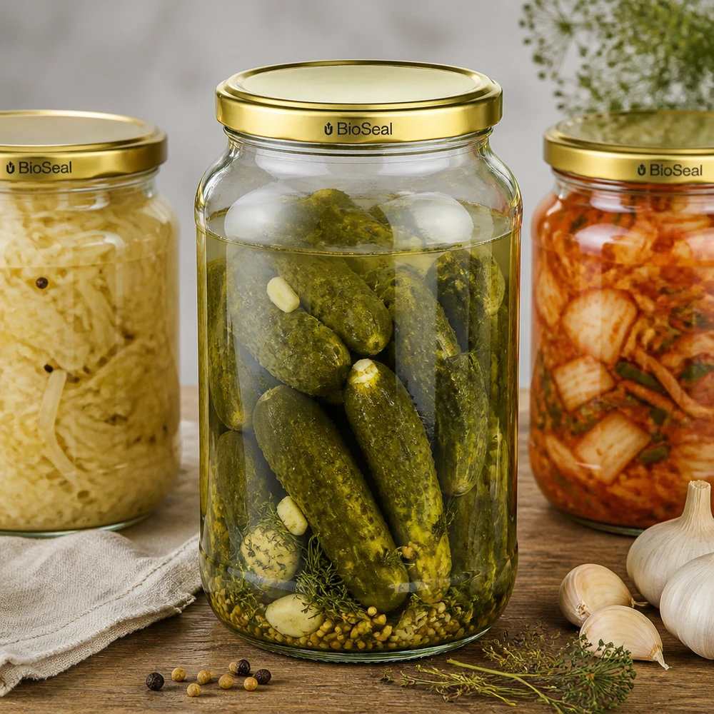 1062ml rund burk med guld UNiTWIST BioSeal-lock UNiTWIST Runda1062 konserveringsburk set inlagd gurka kimchi TO82 BioSeal lock fermenterad mat