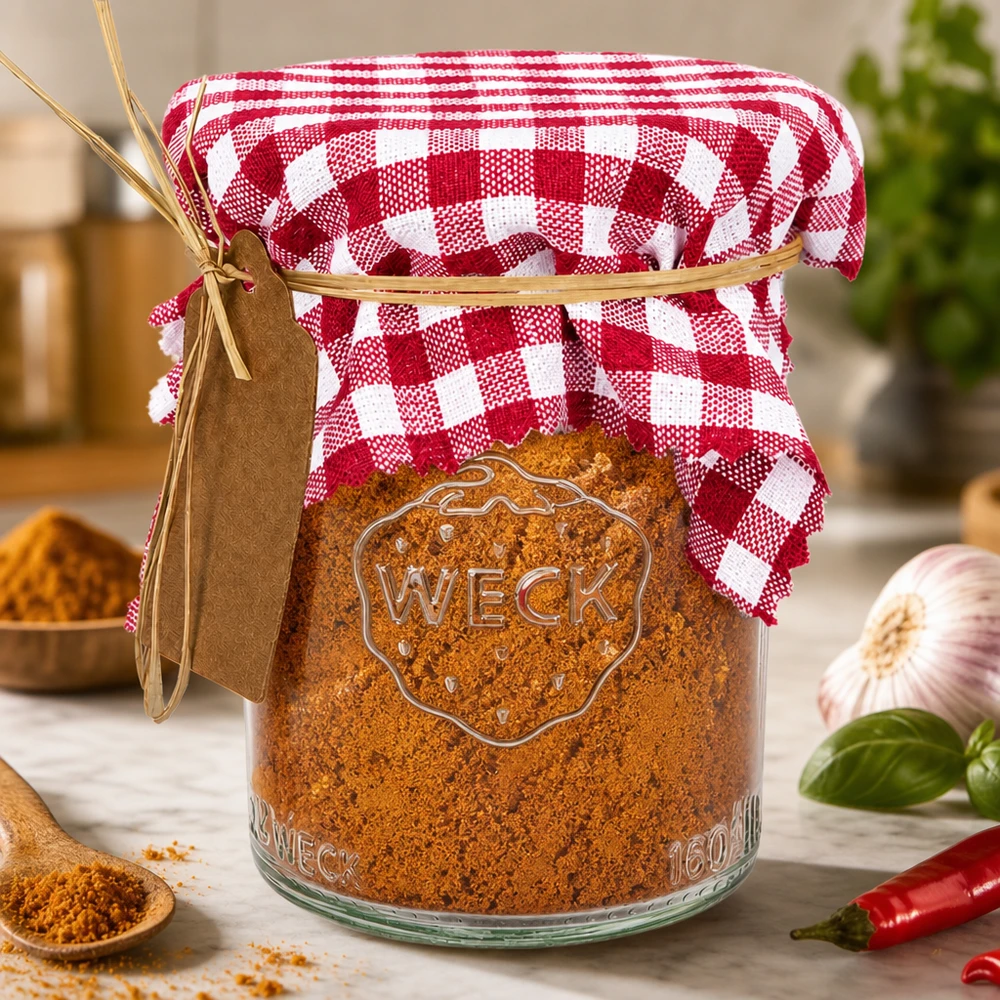 Smyckes servett i tyg med rödbrunt rutmönster, 12 cm i kvadrat Bordeaux-rutig dekorativ doily 12cm kvadrat på WECK kryddburk med paprika och örter i lantligt kök