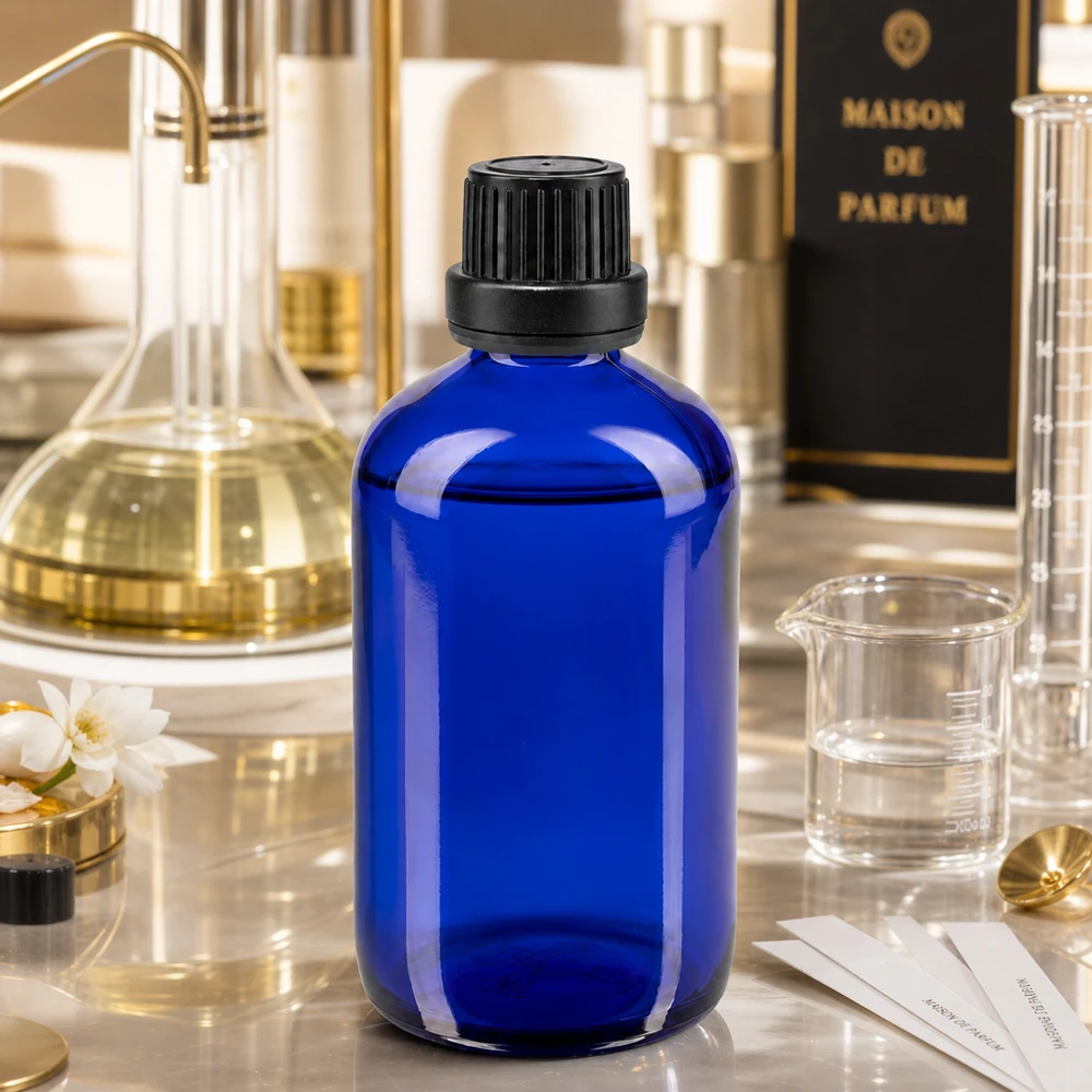 Blå glasflaska på 100 ml med droppkork i en parfymbutiksmiljö med ett bägarglas