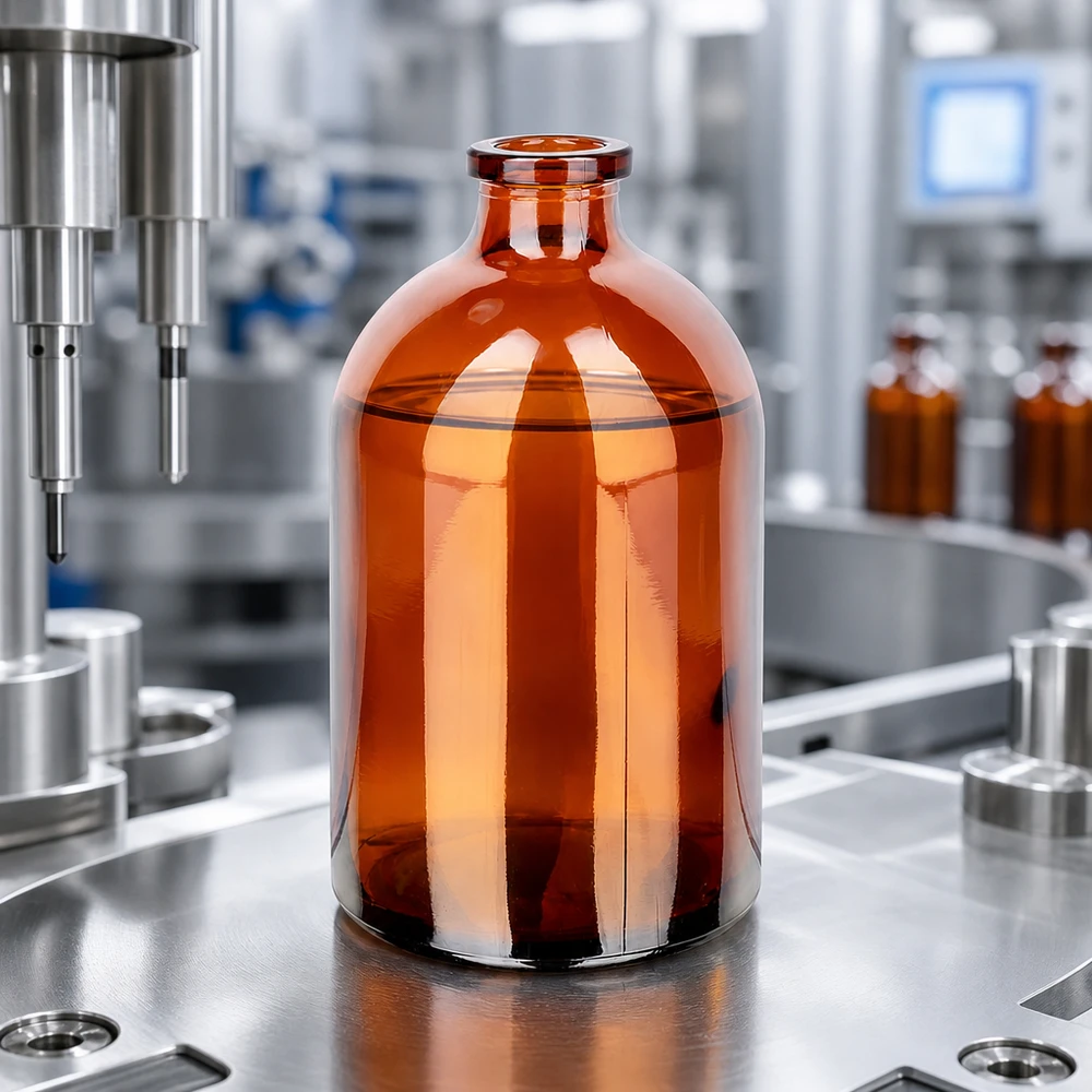 Injektionsflaska av bärnstensfärgat glas 100ml Sterile Injektionsflasche 100ml aus Braunglas auf Edelstahlunterlage neben Abfüllnadel