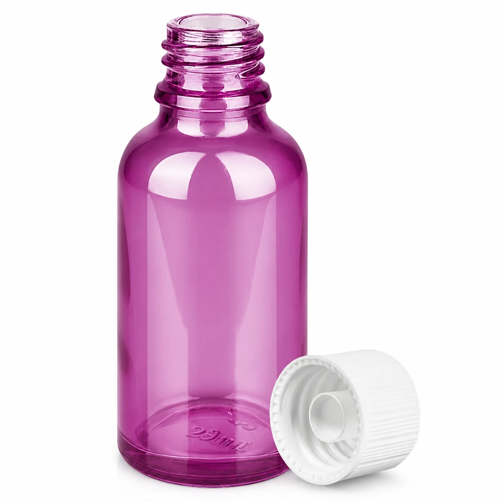 30ml flaska 11mm skruvkork vit standard PurpleLine UT18/30 Lila glasflaska 30 ml med vitt gängat lock för eteriska oljor och serum