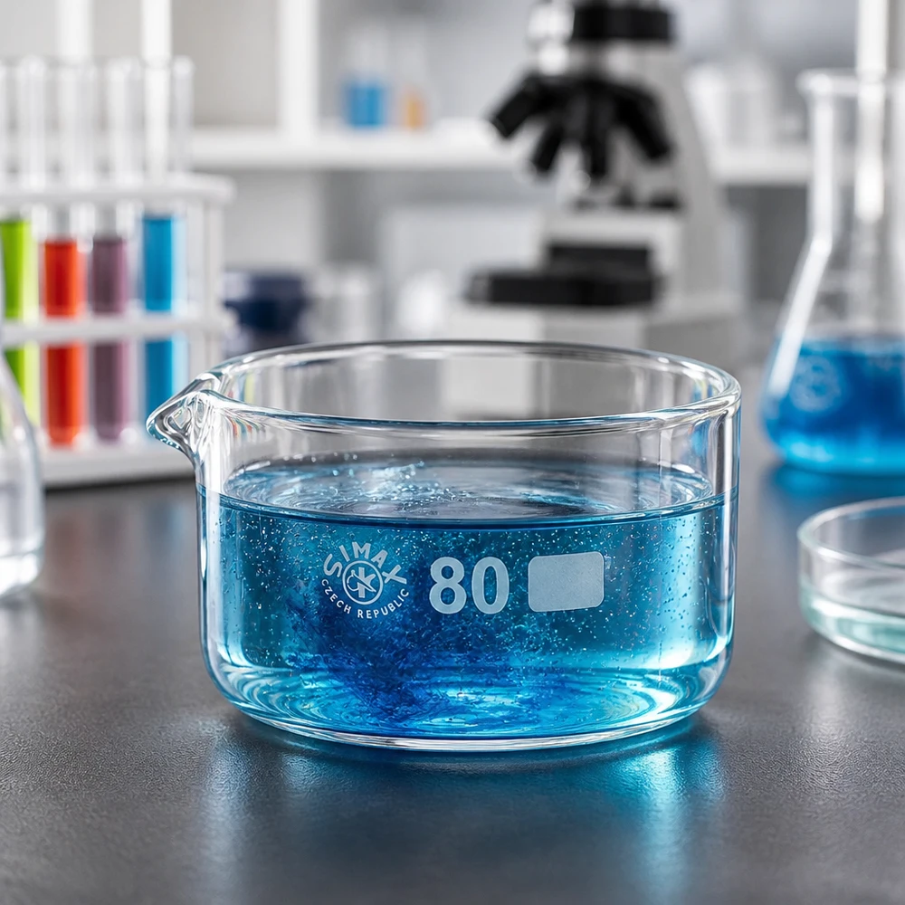 150ml kristalliseringsskål med pip borosilikat ø80mm Låg kristalliseringsskål, 150 ml, ø80 mm, med blå vätska och uthällningsöppning, tillverkad av borosilikatglas