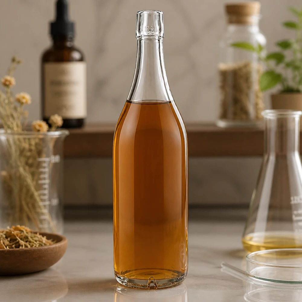 Glasflaska 1000ml UNiTWIST med bärnstensfärgat innehåll i en naturlig köksmiljö med örter och flaskor
