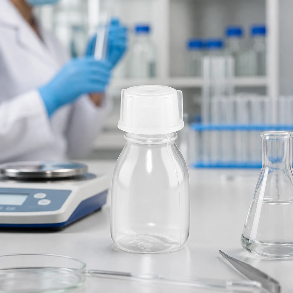 En 10 ml skruvflaska med smal hals på en laboratorievåg bredvid en Erlenmeyerkolv och en pincett i laboratoriet
