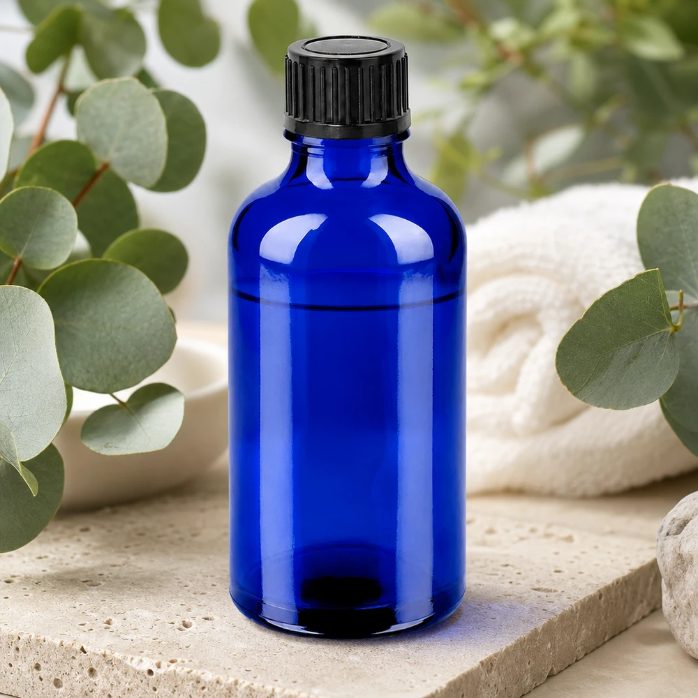50ml flaska 11mm skruvkork svart standard BlueLine UT18/50 Högkvalitativ glasflaska 50 ml i lysande blått med professionellt svart skruvlock