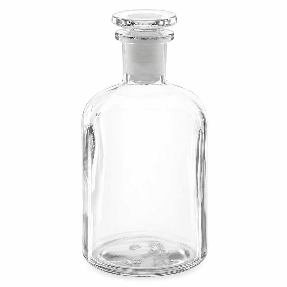 Rund axelflaska 250ml klar glaspropp med smal hals Rundskuldrad flaska, 250 ml, klar, med glaspropp och smal hals, tillverkad av högkvalitativt borosilikatglas