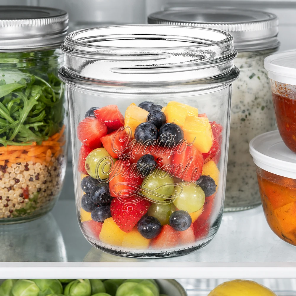320 ml "Quattro Stagioni" Krossade glasögon QS86mm 320 ml Quattro Stagioni-glas med färgglad fruktsallad i kylen, konserveringsburk för förberedelse och förvaring av måltider