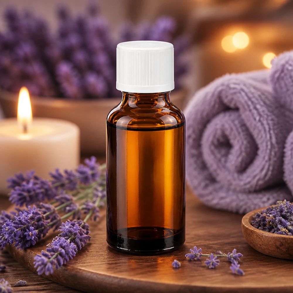 Brun glasflaska på 20 ml med vitt barnsäkert lock, omgiven av lavendelblommor och ett ljus