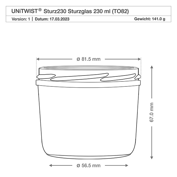 230ml Krossade glasögon utan lock (TO82) UNiTWIST Technische Zeichnung 230ml Sturzglas mit Maßangaben und Produktdetails für präzise Größenvorstellung