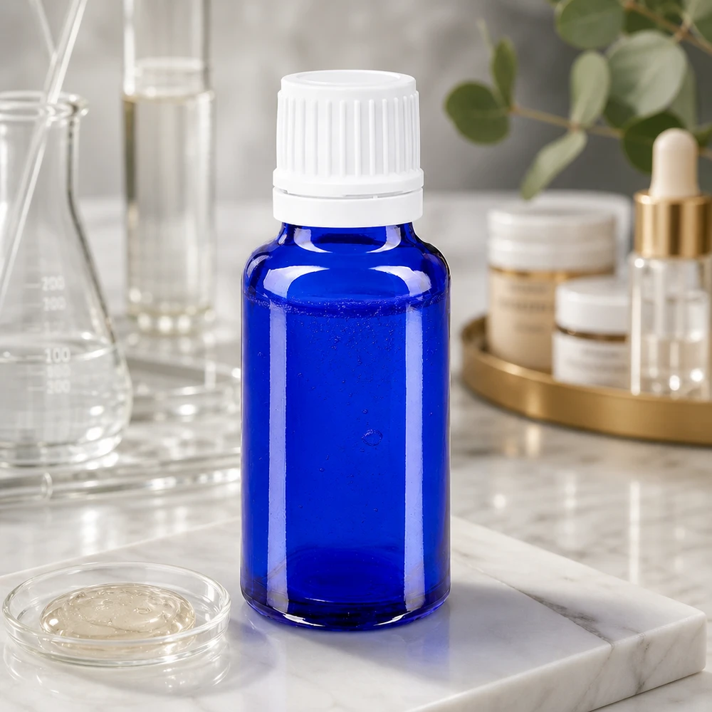 Apoteksflaska blå 20ml skruvkork vit med säkerhetsförslutning Blå 20 ml apotekarflaska med vitt originalförslutningslock på en marmorplatta i en laboratoriemiljö