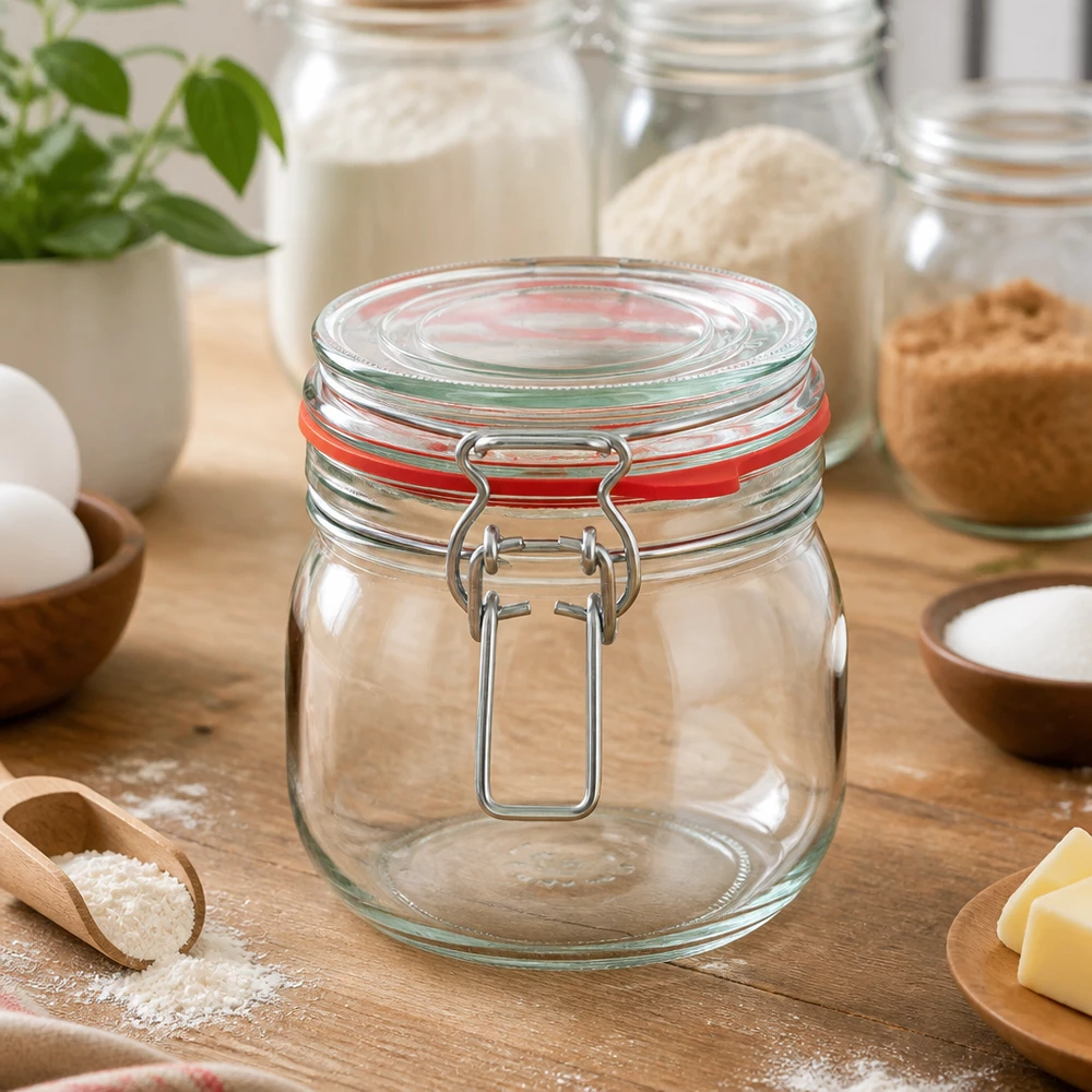 Transparent förvaringsburk 634 ml med flip-top-lock, perfekt för mjöl, socker och bakingredienser