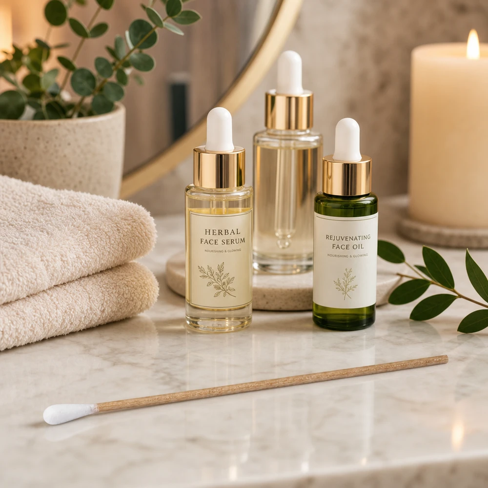 Osteriliserade bomullspinnar med träpinne framför spegeln bredvid Herbal Face Serum och Rejuvenating Face Oil