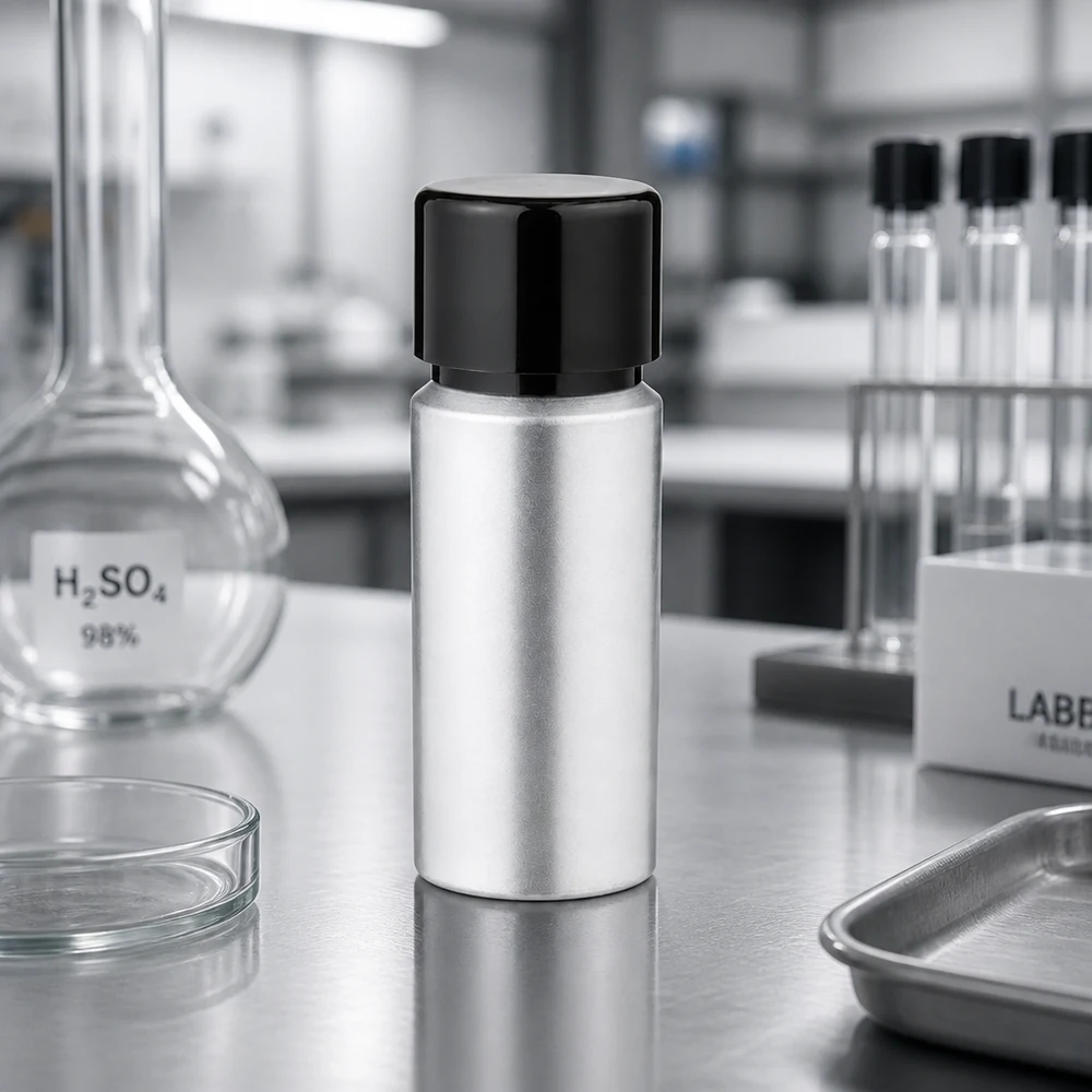 20 ml flaska i betad aluminium med skruvkork Högkvalitativ 20 ml aluminiumflaska med svart lock för laboratorieapplikationer och kemiska ämnen