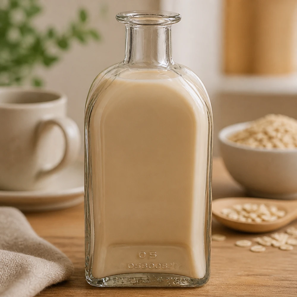 500 ml apoteksflaska Julia utan lock UNiTWIST® 500 ml Julia glasflaska fylld med krämig beige vätska bredvid havreflingor och kopp i en varm köksatmosfär