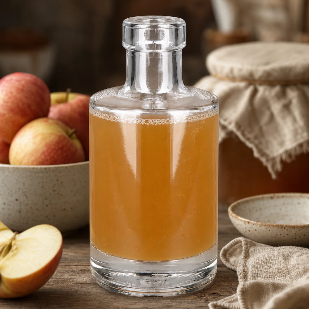 200 ml glasflaska Marie utan lock UNiTWIST® Glasflasche Marie 200ml mit Apfelsaft befüllt natürliche Küchendeko mit frischen Äpfeln rustikaler Holztisch Lifestyle