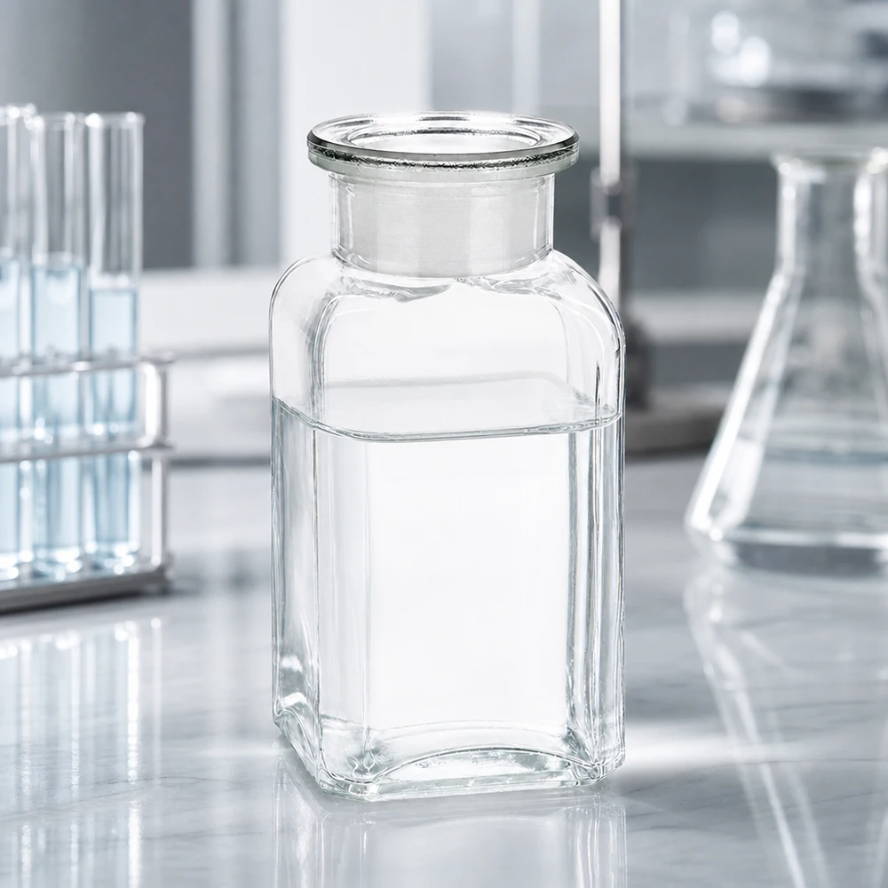 Fyrkantig flaska 100 ml klar bredhalsad glaspropp Tom fyrkantig flaska, 100 ml, genomskinlig, med glaspropp, på ett vitt laboratoriebord mellan provrör