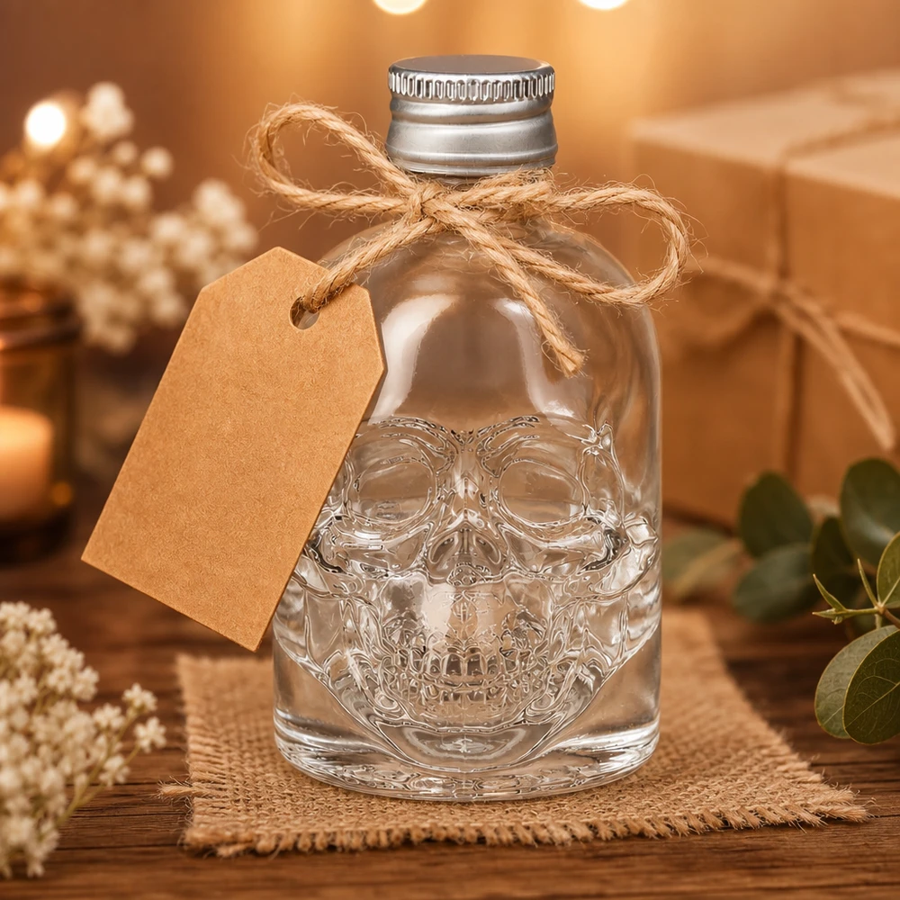 50 ml glasflaska Hector och skruvkork silver UNiTWIST® 50 ml Hector glasflaska med präglad dödskalle som en gåva dekorerad med en jutesnodd och kraftpappersetikett