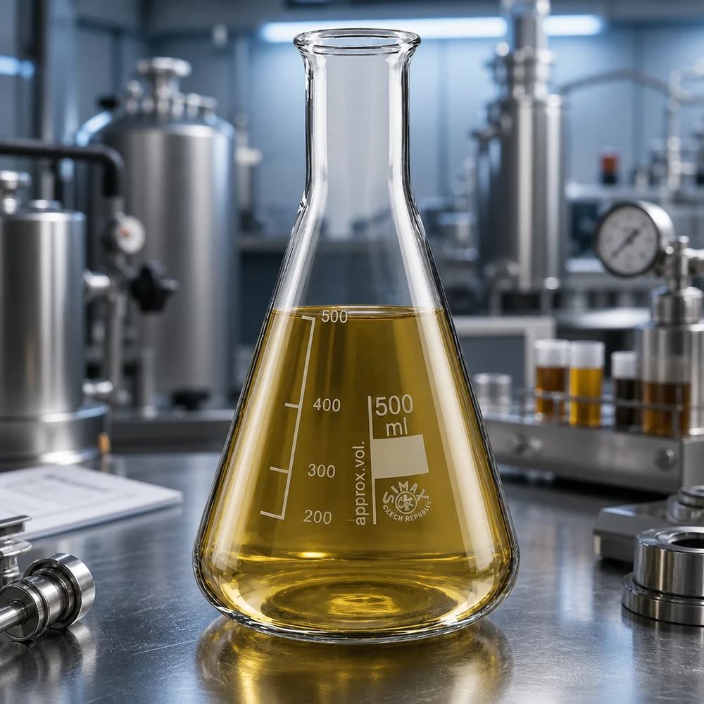 Erlenmeyerkolv 500 ml med smal hals Erlenmeyerkolv 500 ml med smal hals och gul lösning i en professionell laboratoriemiljö