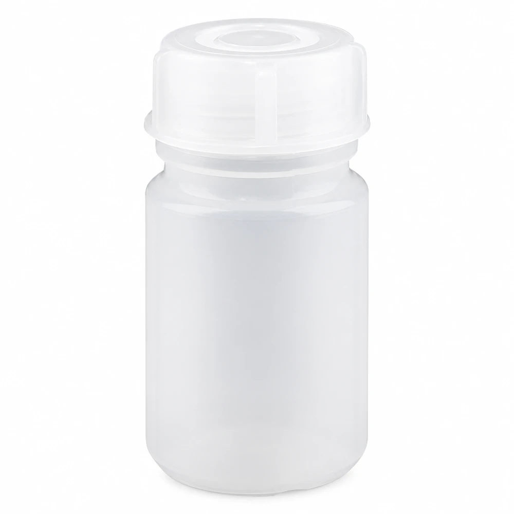 50 ml laboratorieflaska med bred hals och skruvkork 50 ml laboratorieflaska med vid hals av genomskinlig plast och vitt skruvlock