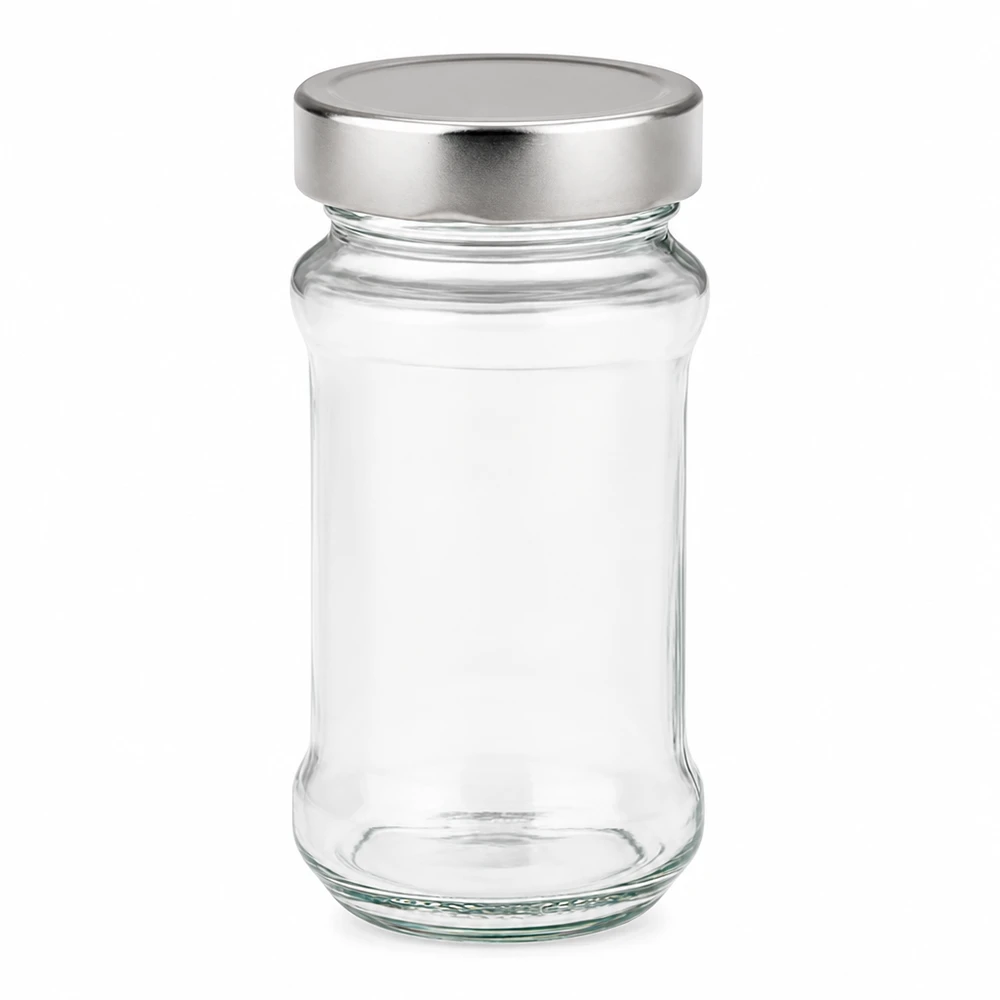 390ml rund glasburk + BasicSeal-lock silver djup UT