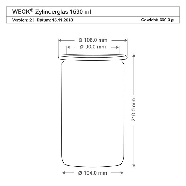 1590ml cylinderburk WECK RR100 med naturkork WECK Zylinderglas 1590ml RR100 technische Zeichnung mit Maßangaben Durchmesser Höhe Gewicht Produktspezifikation