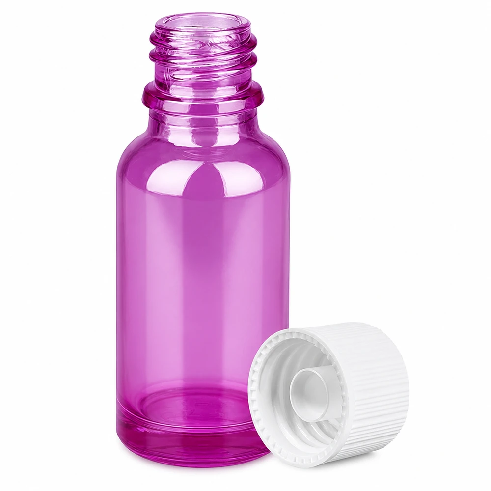 20ml flaska 11mm skruvlock vit standard PurpleLine UT18/20 Liten 20 ml glasflaska i lila med 11 mm gänga och vitt lock för aromaterapi