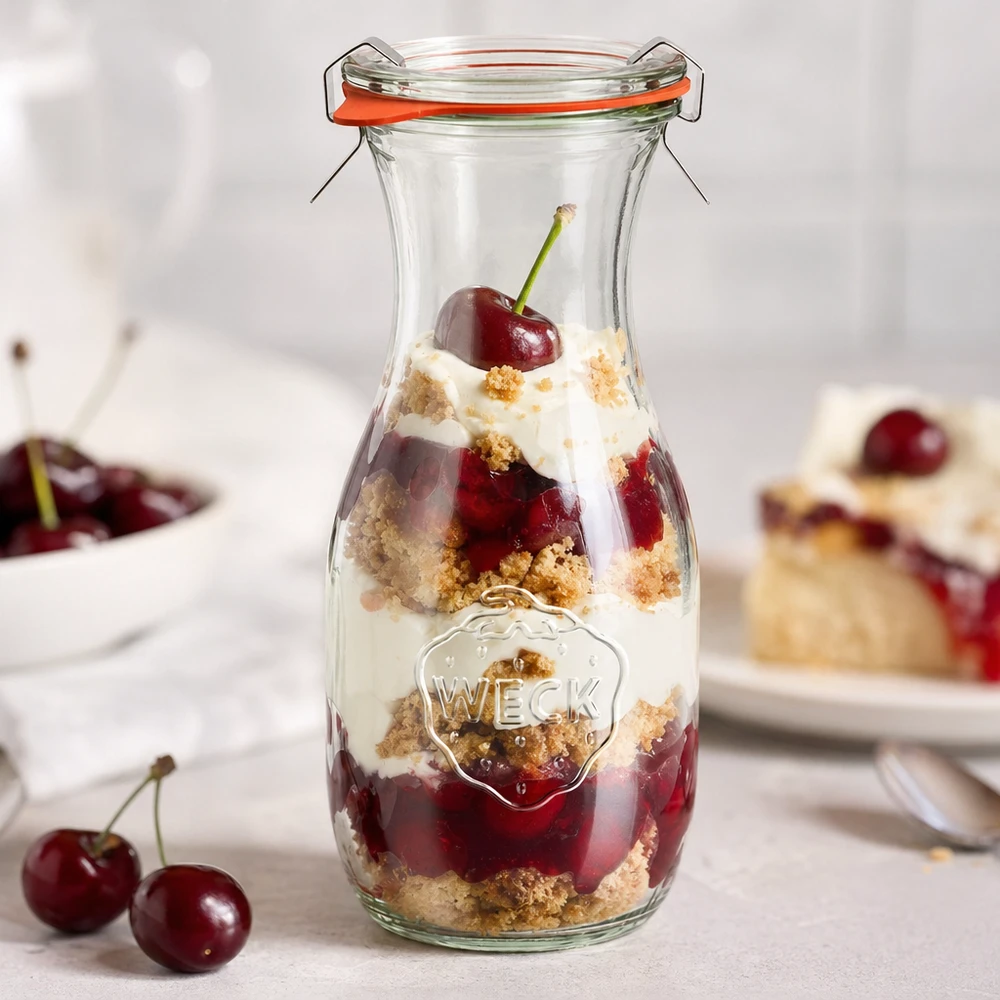WECK 530 ml juiceflaska RR60 som dessertburk fylld med körsbärslagrad dessert och grädde bredvid färska körsbär