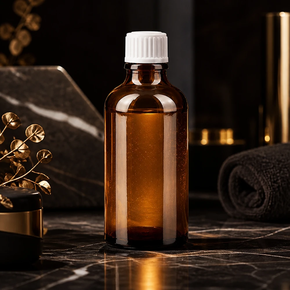 Apoteksflaska brun 50ml droppflaska vit 0,8mm standard 50 ml brun droppflaska från ApoGlas på svart marmor med gulddekor