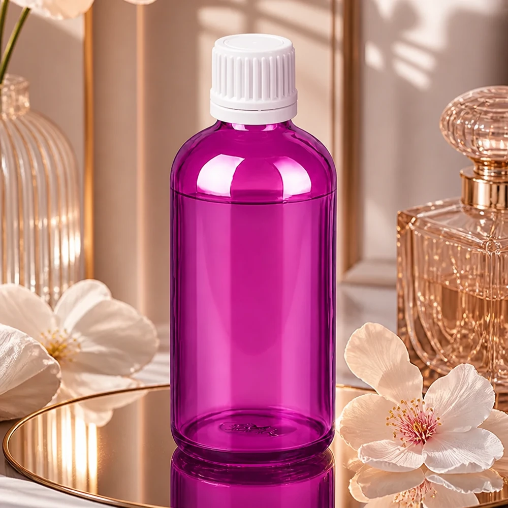 100ml flaska 11mm skruvkork vit Originality skruvkork PurpleLine UT18/100 100 ml violett glasflaska med räfflat vitt lock, idealisk för ljuskänsliga vätskor