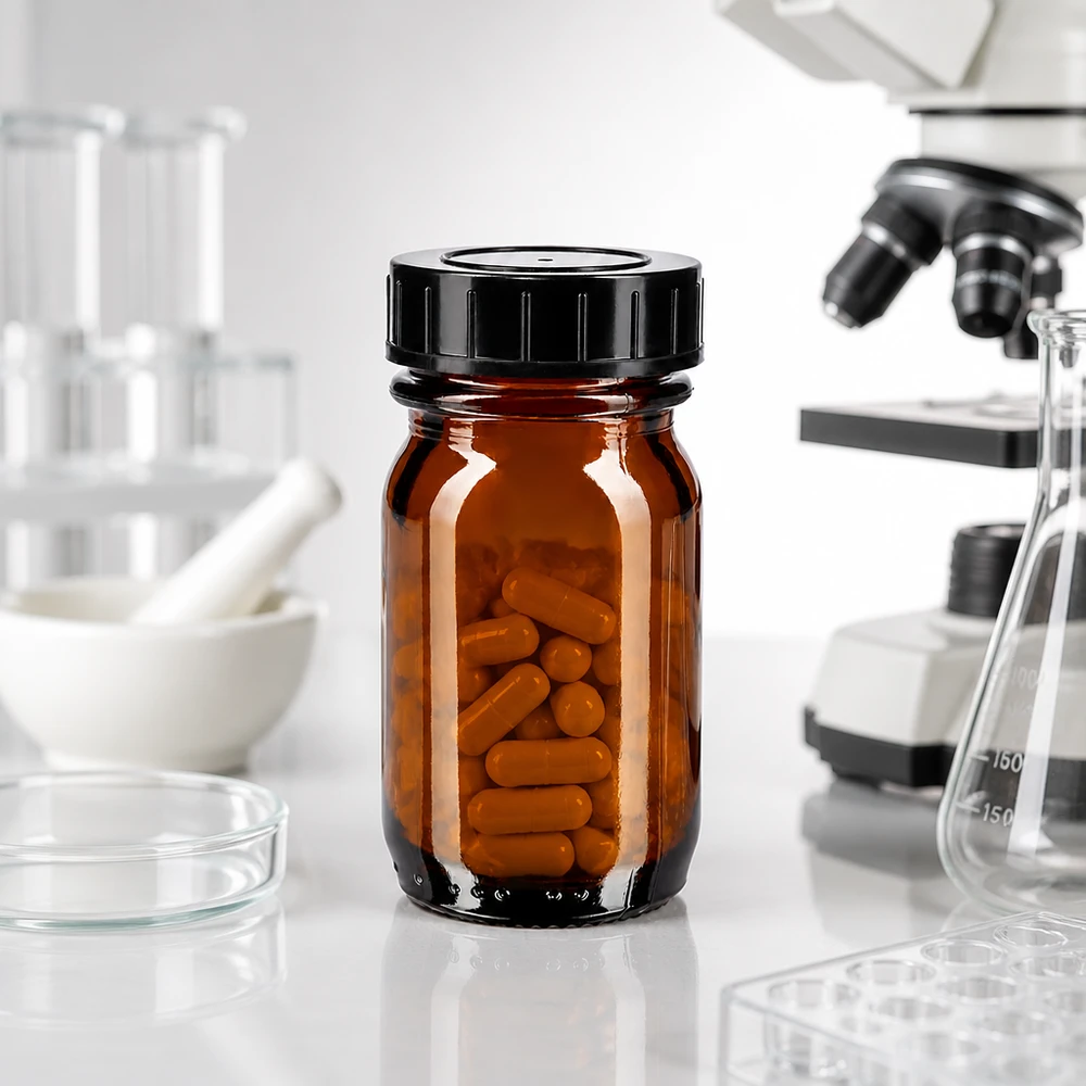 Kompakta 30 ml bärnstensfärgade glasflaskor med bred öppning, idealiska för laboratorieapplikationer