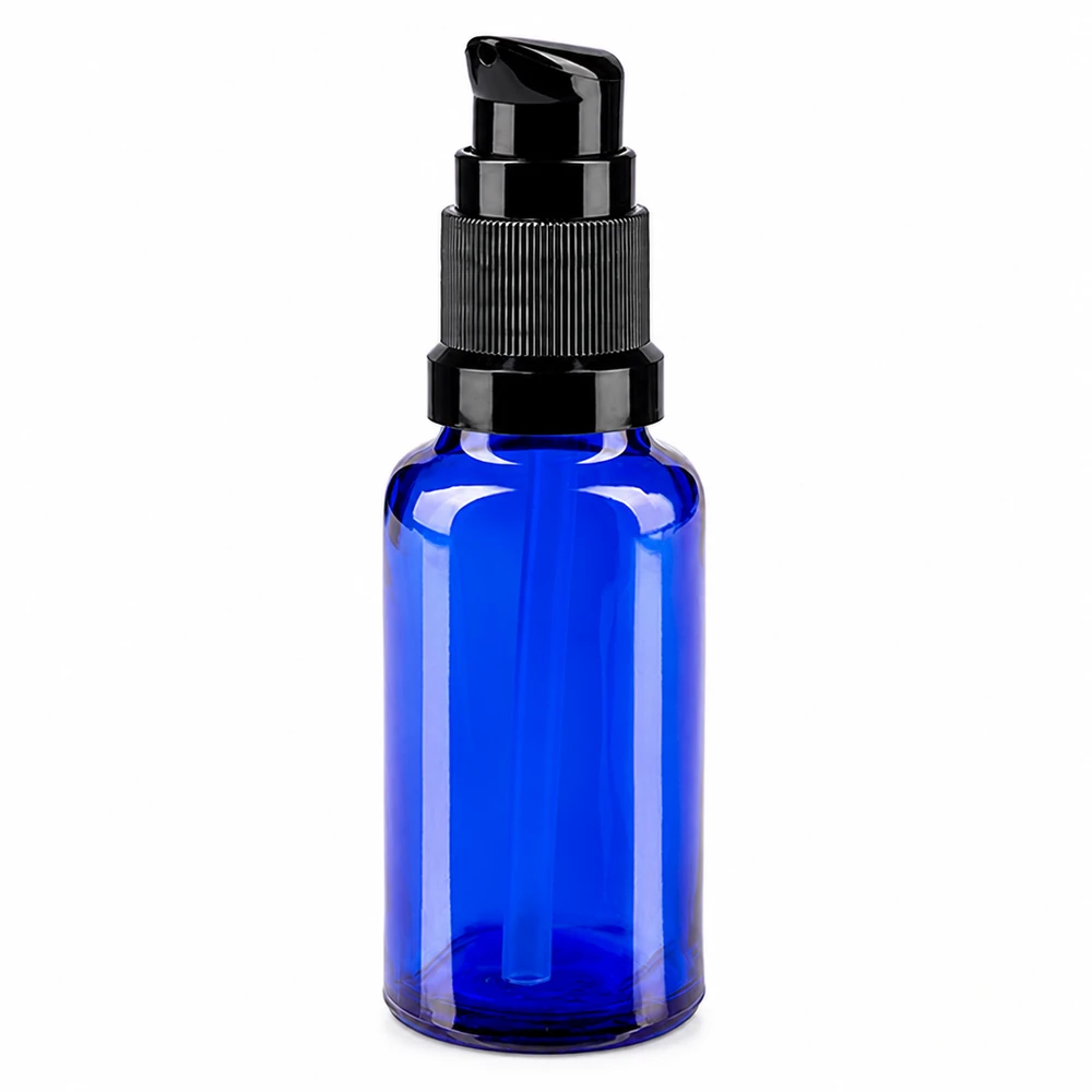 20 ml blå glasflaska med svart pump för serum och oljor, tillverkad av högkvalitativt apoteksglas