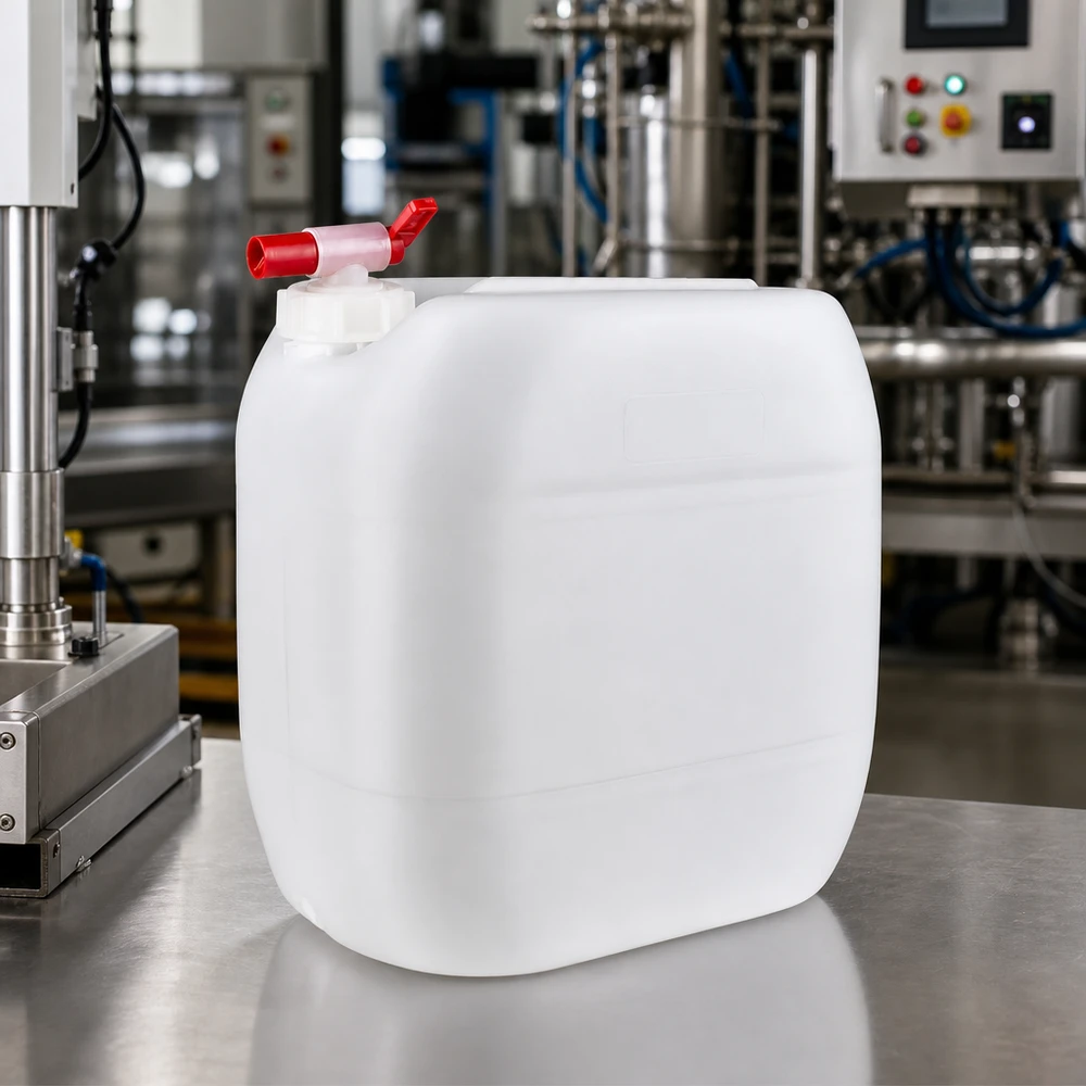 Stor vit plastdunk på 30 liter med röd avstängningskran på yta av rostfritt stål