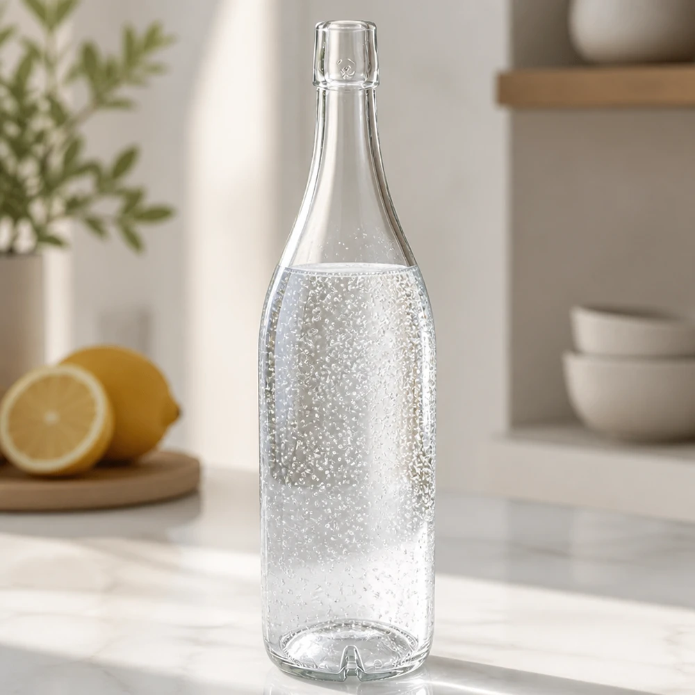 Glasflaska 1000ml UNiTWIST fylld med kolsyrat vatten Köksbänk citroner moderna köksinredningar ljusa