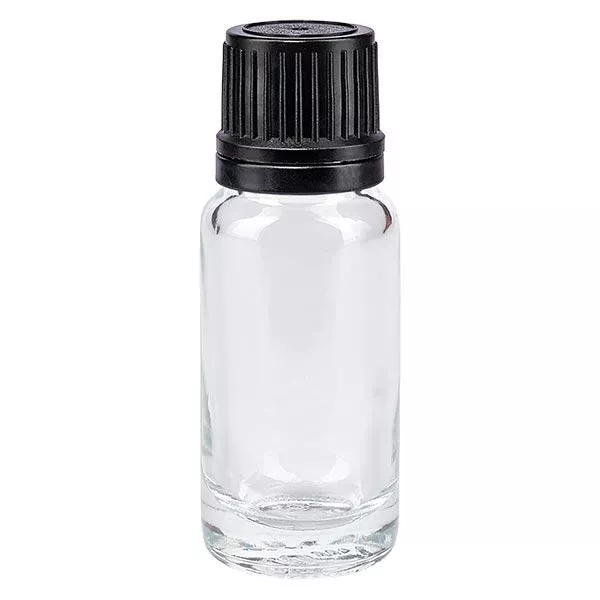 Apoteksflaska klar 10ml skruvkork svart hällring med svag förslutning Apoteksflaska klar 10ml skruvkork svart hällring med svag förslutning