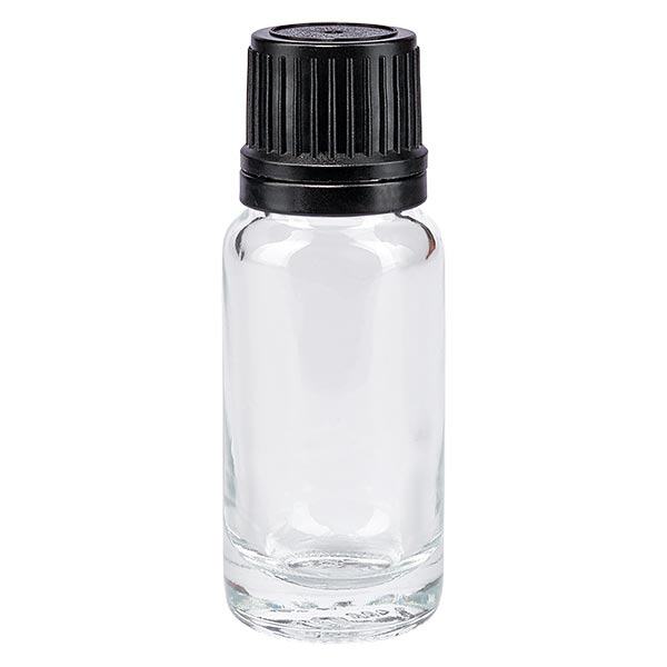 Apoteksflaska klar 10ml skruvkork svart hällring med svag förslutning Apoteksflaska klar 10ml skruvkork svart hällring med svag förslutning