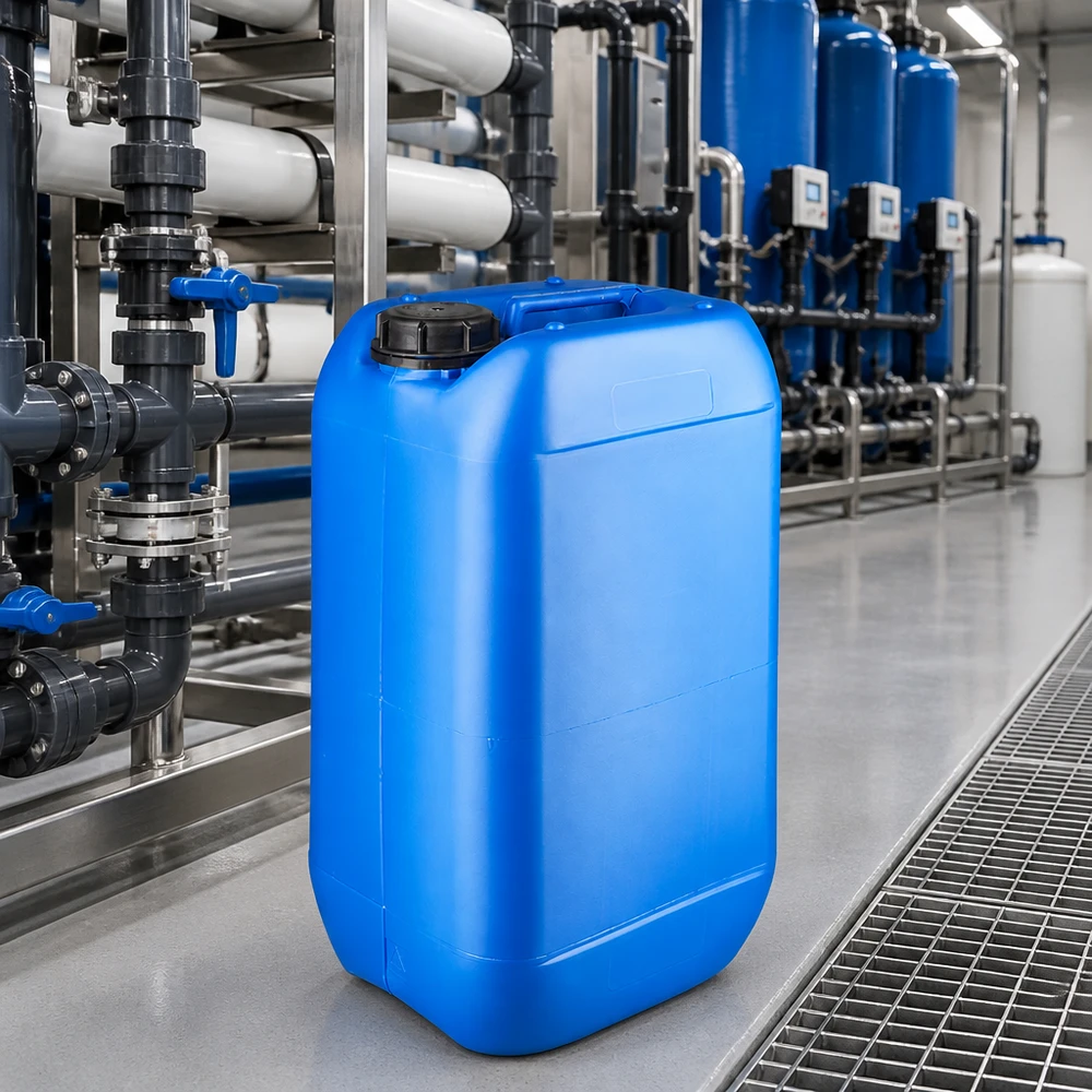 Dunk 15 liter blå med skruvlock och säkerhetslock Blå 15-litersdunk med OV-lock framför vattenreningsanläggningen