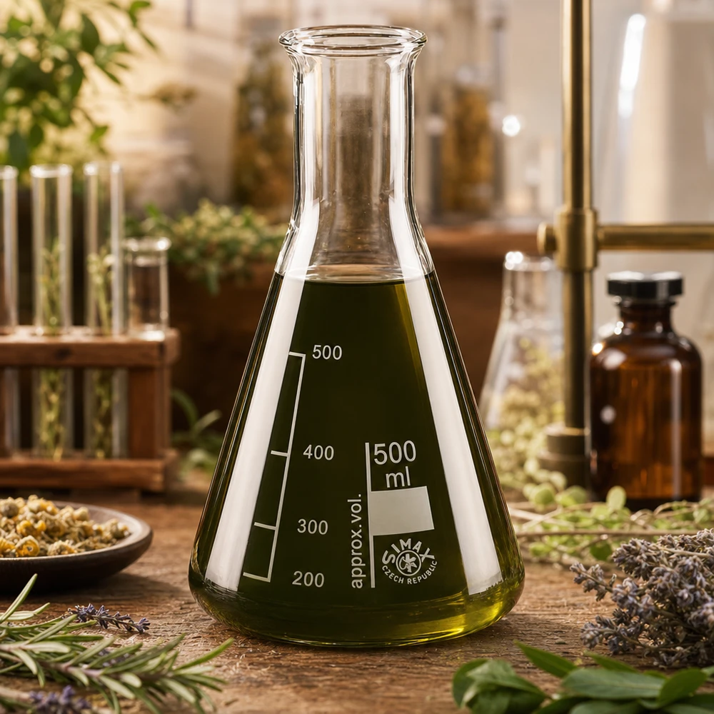 Erlenmeyerkolv 500ml med smal hals och grön vätska mellan örter och laboratorieutensilier