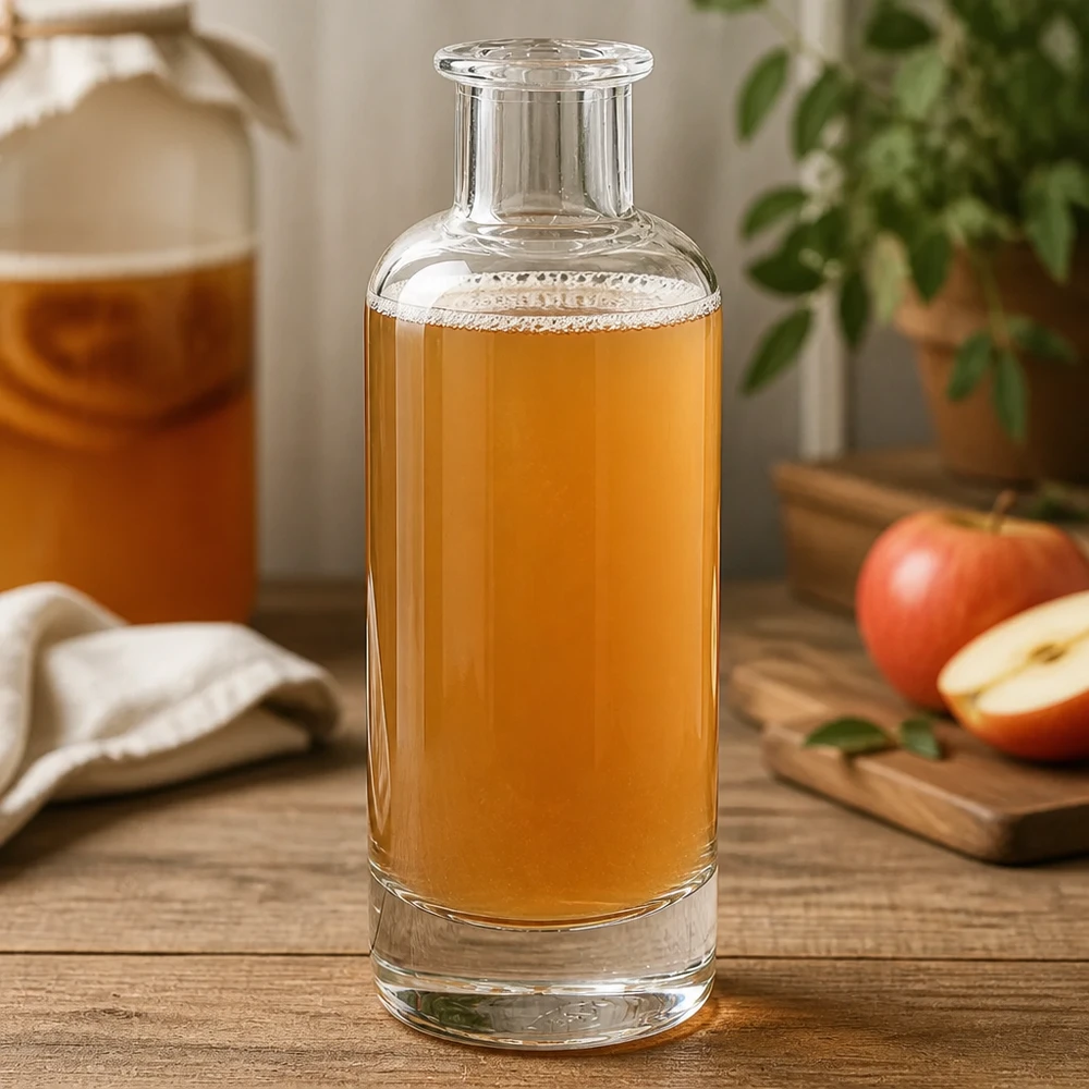 200 ml glasflaska Ella utan förslutning UNiTWIST® 200ml Glasflasche Ella mit Apfelsaft befüllt in Küche zeigt vielseitige Nutzung für Säfte und Getränke