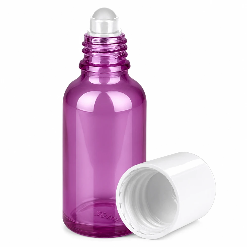 30ml roll-on flaska vit standard PurpleLine UT18/30 Roll-on-flaska i lila glas 30 ml med rollerball-applikator, idealisk för eteriska oljor och serum
