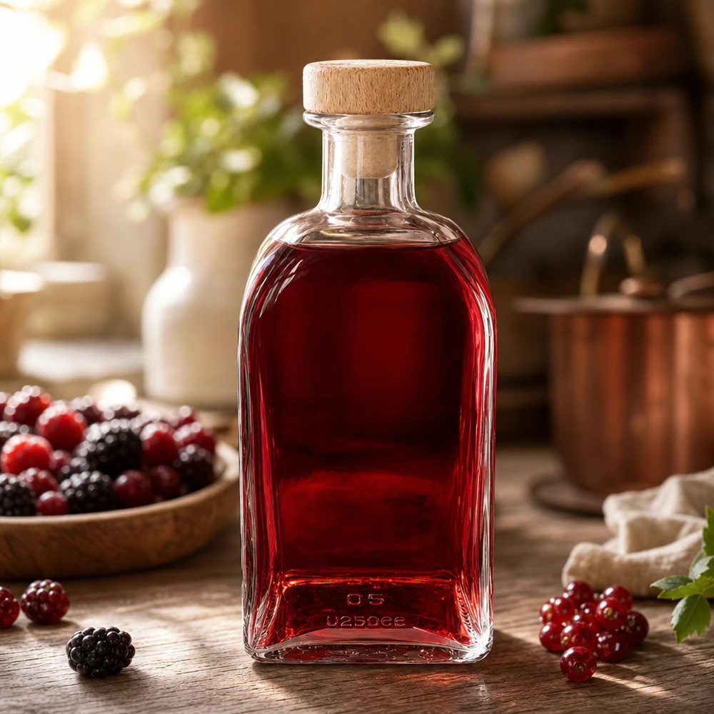 500 ml apoteksflaska Julia med kork med trähandtag UNiTWIST® 500 ml Julia glasflaska med träkork fylld med rödbärslikör på ett träbord med björnbär och röda vinbär