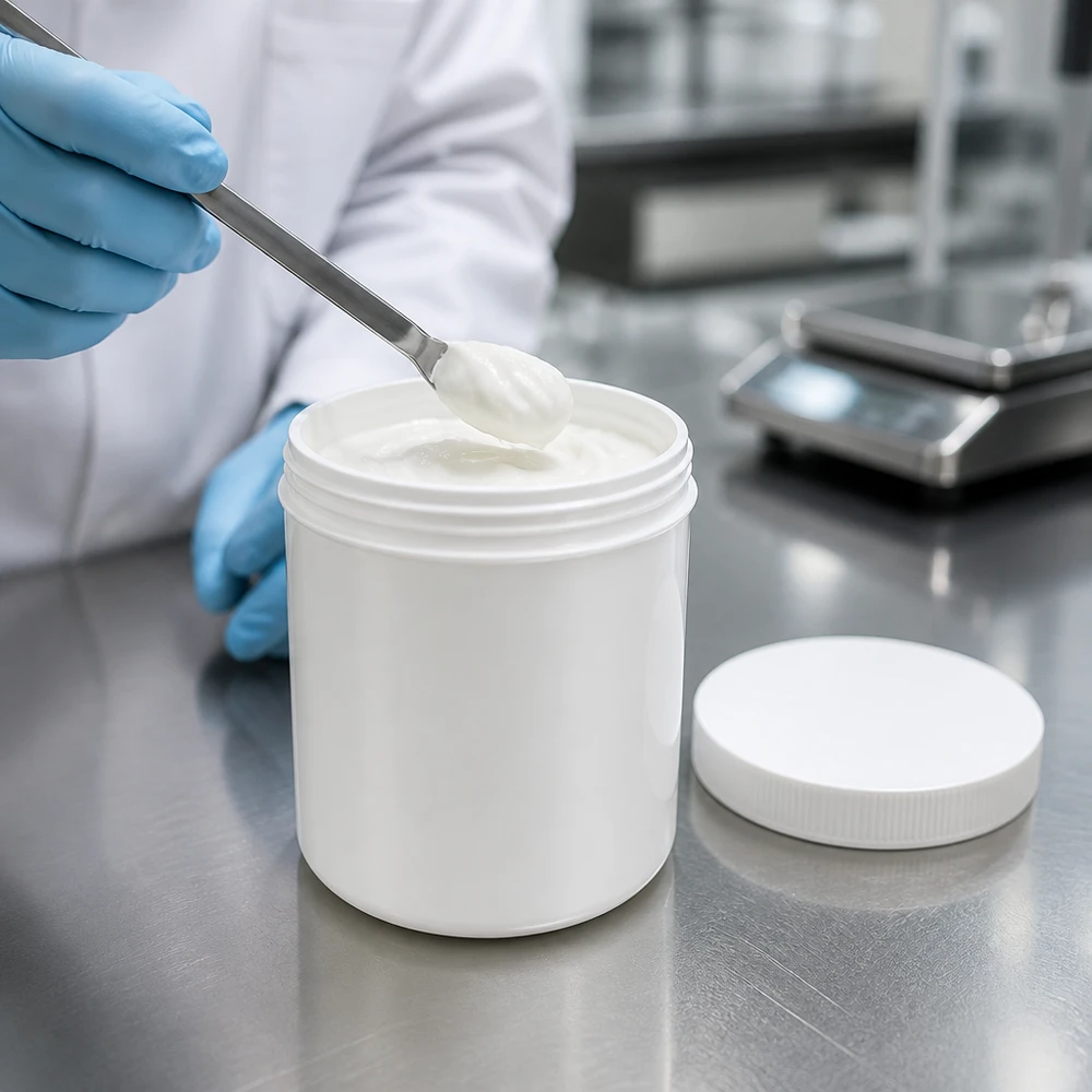 En laboratorieassistent tar ut vit kräm ur en 500 g PP-salvburk med en spatel i en professionell miljö