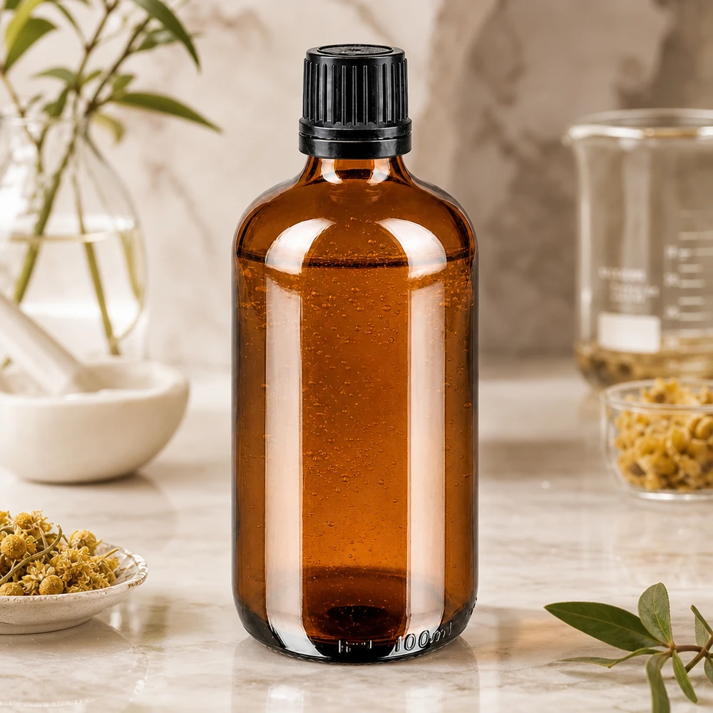 Apoteksflaska brun 100ml skruvlock svart hällring tamper evident stängning En bärnstensfärgad apotekarflaska på 100 ml med svart originalförslutning bredvid kamomillblommor och en mortel