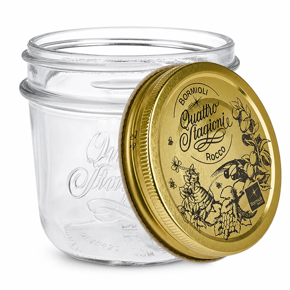 200 ml "Quattro Stagioni" Krossade glasögon med lock 200ml Quattro Stagioni muggar med guldlock Bormioli Rocco konserveringsburk transparent tom