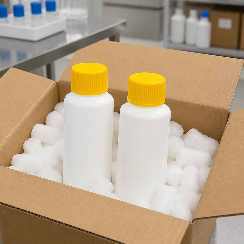 Apoteksflaska HDPE 30ml vit, med gult skruvlock Två vita HDPE-apotekflaskor à 30 ml med gula säkerhetslock, säkert förpackade i kartong