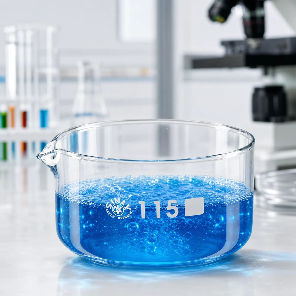 500ml kristalliseringsskål med pip borosilikat ø115mm Kristalliseringsskål 500 ml med blå kokande vätska, utlopp ø115 mm, SIMAX, Tjeckien, laboratorium