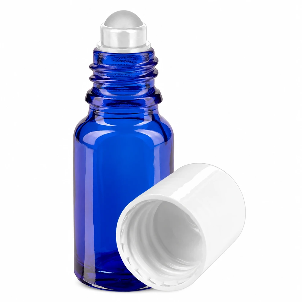 Apoteksflaska blå 10ml roll-on lock vit 10 ml blå roll-on-flaska av apotekerglas med vitt lock och applikator med rullkula