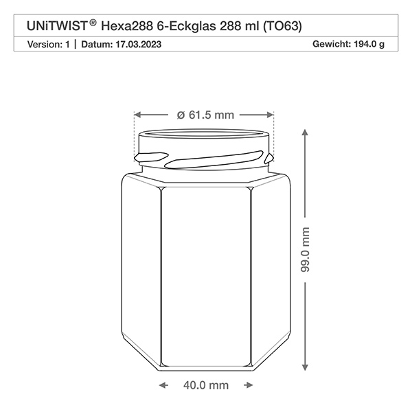 288ml hexa burk utan lock (TO63) UNiTWIST UNiTWIST Hexa288 6-hörnigt glas 288ml TO63 Teknisk ritning med mått Diameter 61,5mm Höjd 99mm Vikt 194g