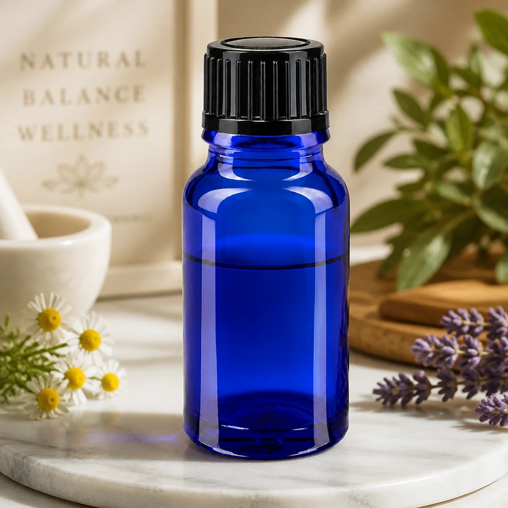 Apoteksflaska blå 10ml skruvlock svart standard Apoteksflaska 10 ml, blå, ljusskyddad, med svart 11 mm-lock för naturkosmetik