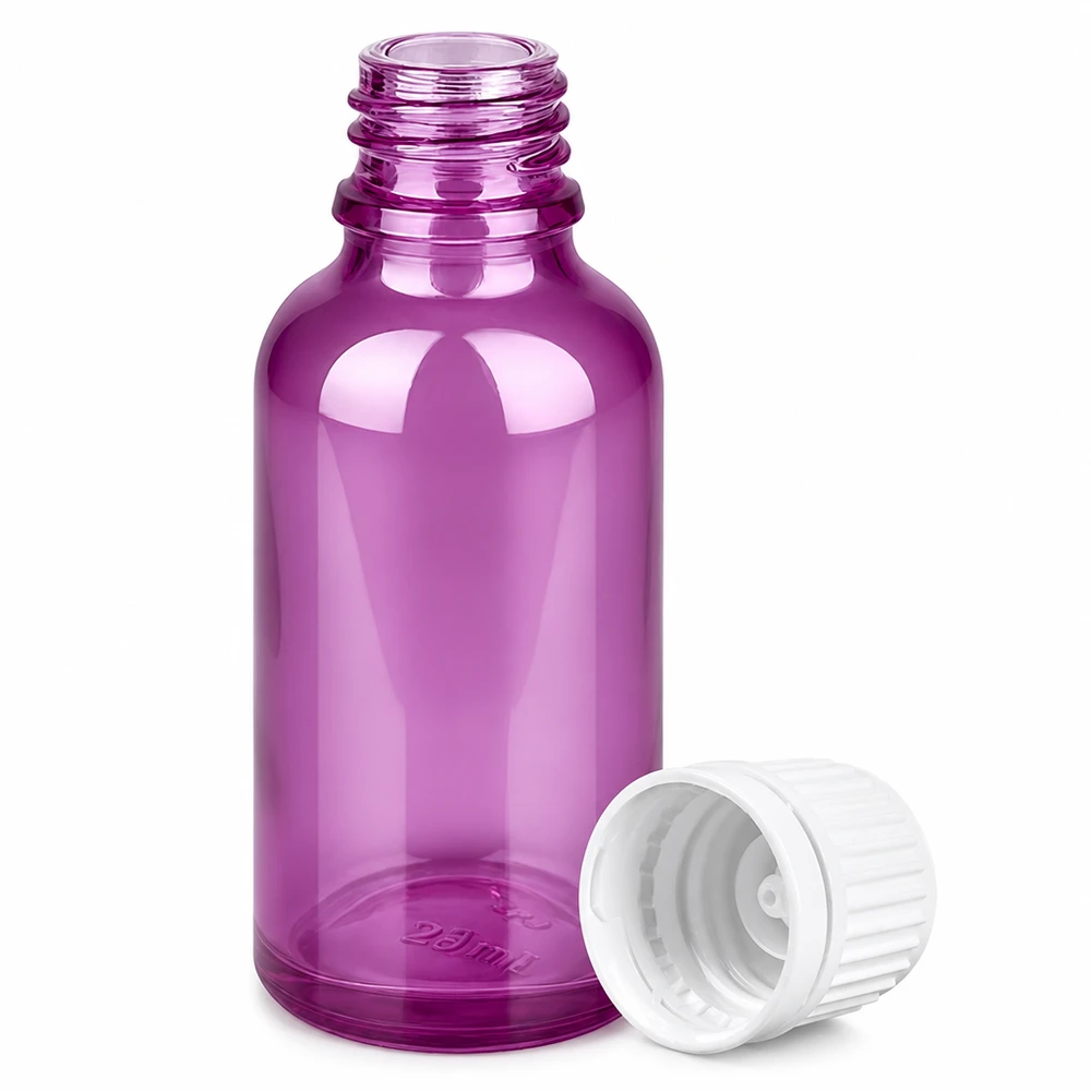 30ml flaska 11mm skruvkork vit Originality skruvkork PurpleLine UT18/30 30 ml violett droppflaska med vitt lock, idealisk för aromaterapi och naturkosmetik